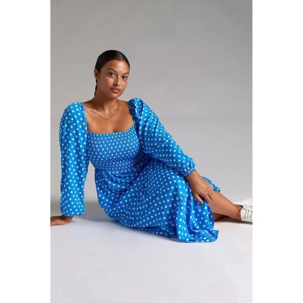Anthropologie DOLAN Smocked‎ Midi Dress LARGE Blue Polka Dot Rayon Women's